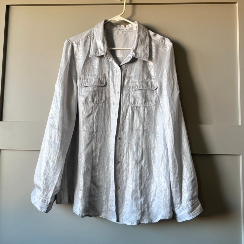 Calvin‎ Klein Womens Silver Metallic Shimmer Roll Tab Button Down Shirt Medium